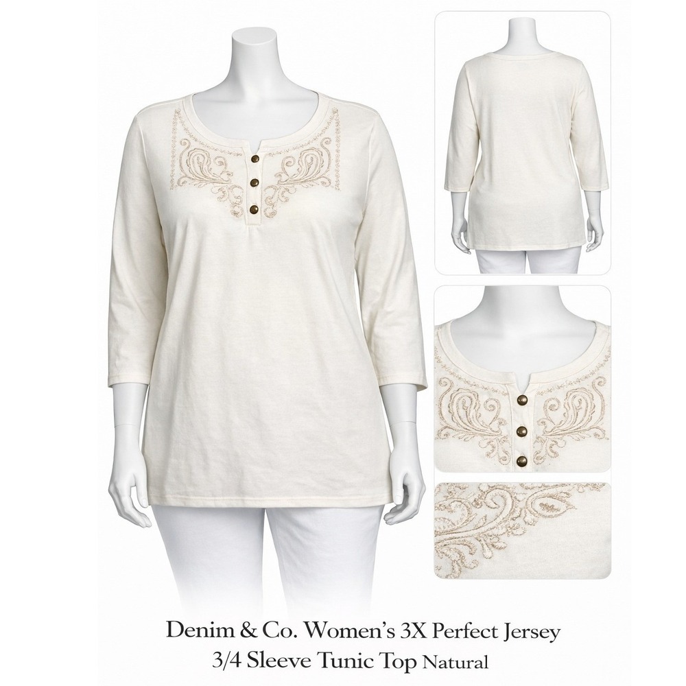 Denim & Co Womens 3X Perfect Jersey 3/4 Sleeve‎ Tunic Top Natural A215890 NWT